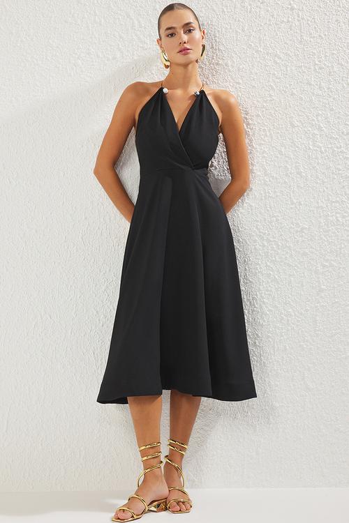Detachable neck accessory woven evening dress - black