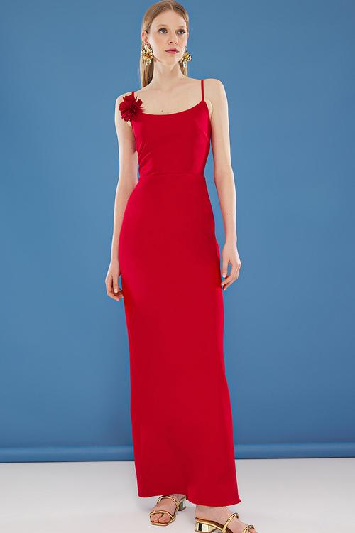  Floral Applique Detailed Strapless Maxi Evening  Dress - Red