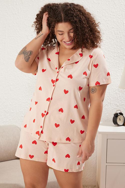 Light Pink Heart Patterned Shirt Collar Knitted Pajama Set