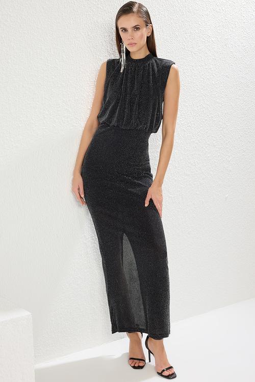 Glitter Knitted Elegant Maxi Evening Dress - Black