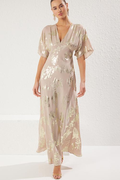 A-line crepe woven long kimono dress - beige