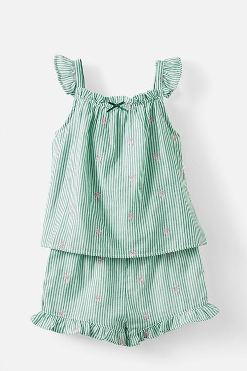 Kids babydoll pj set family christmas - deep mint pinstripe/bow