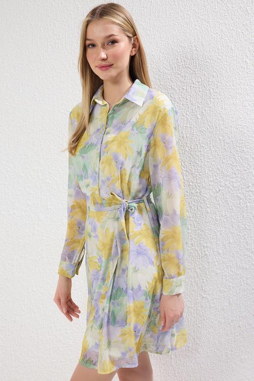 Belted flare floral chiffon flight flight woven mini dress - mint