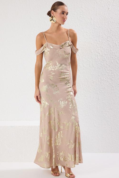 Abstract Pattern Lined Chiffon Woven Maxi Evening Dress - Gold