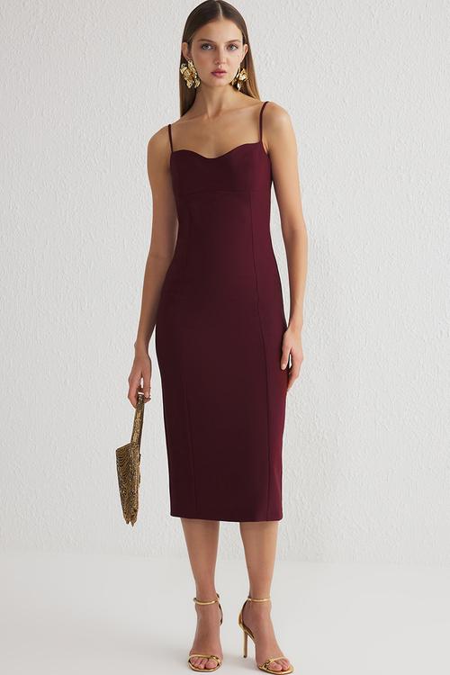 Bodycon woven midi chic evening dress - burgundy