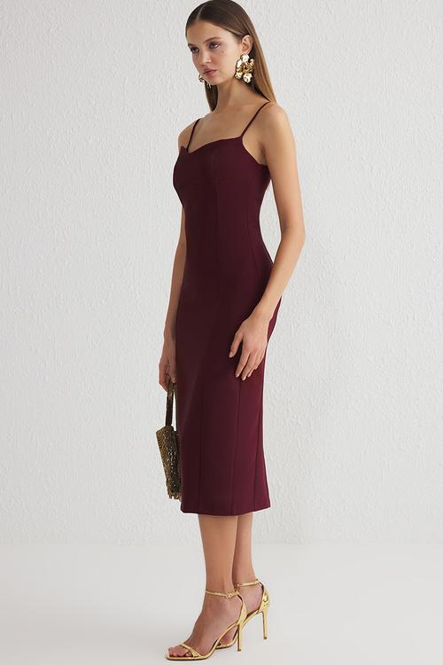 Bodycon woven midi chic evening dress - burgundy