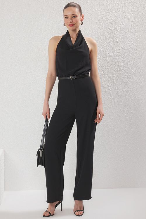 Belted Cowl Neck Wide Leg Jumpsuit - black 