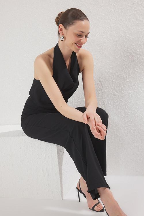 Belted Cowl Neck Wide Leg Jumpsuit - black 