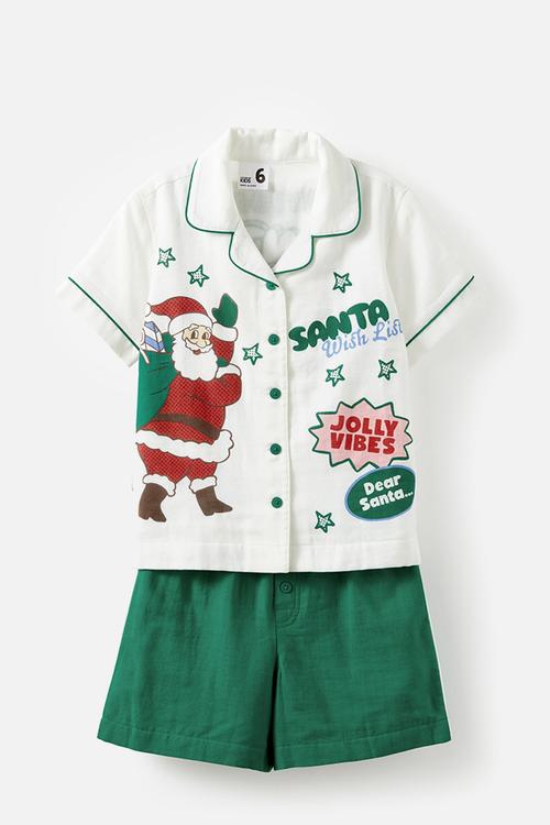 Kids woven pj set family christmas - deep mint/santa wish list