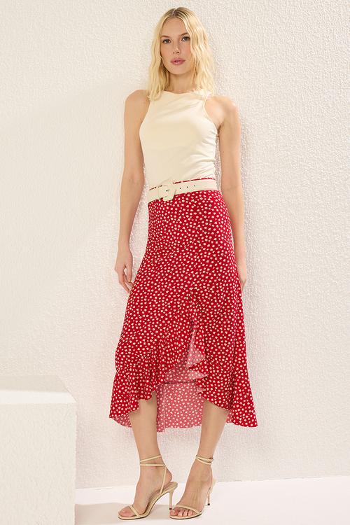 Polka Dot Ruffle Slit Midi Knit Skirt - Red