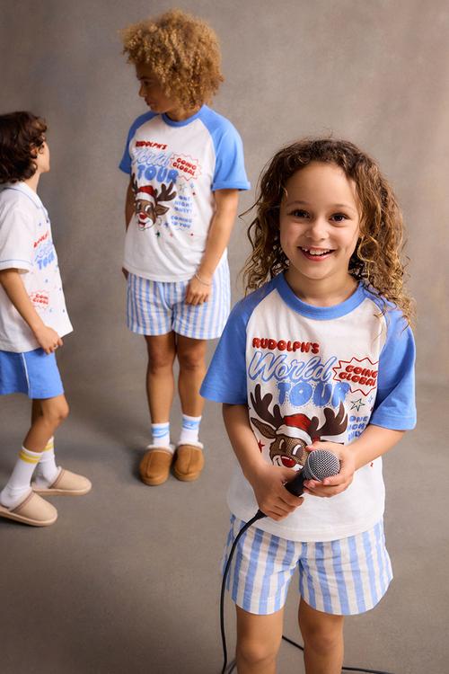 Kids  boxer pj set family christmas - blue bonnet stripe/rudolph s world tour