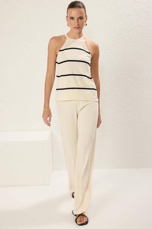 Ecru Striped Blouse-Pants Bottom-Top Set