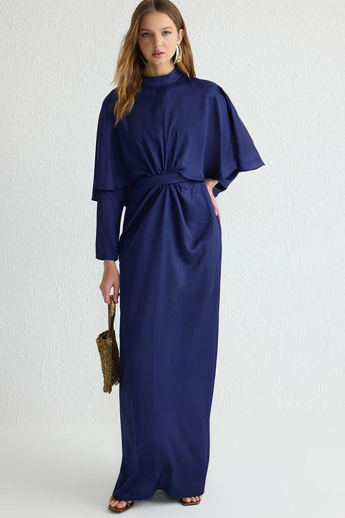 Ostrich Feather Detailed Evening Dress - Navy Blue