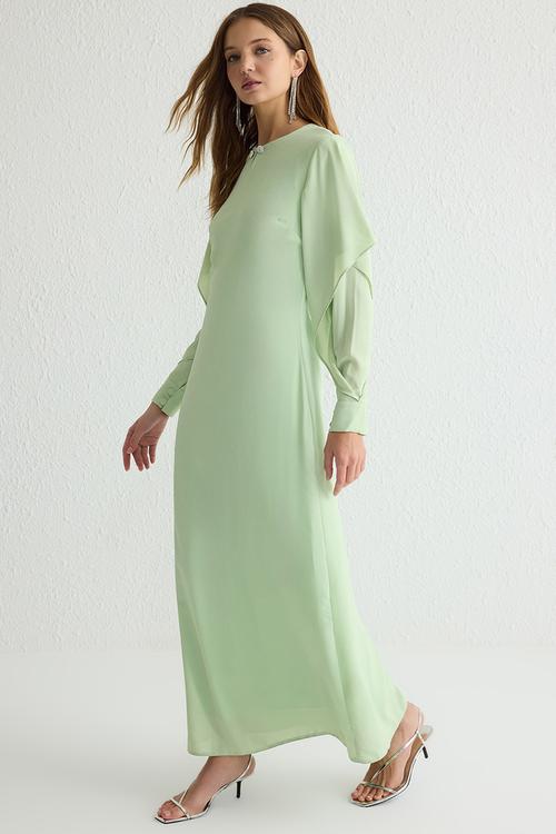 Flounce Detail Woven Satin Evening Dress - Light green
