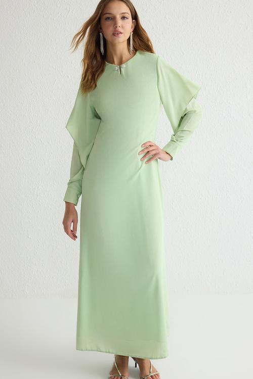 Flounce Detail Woven Satin Evening Dress - Light green