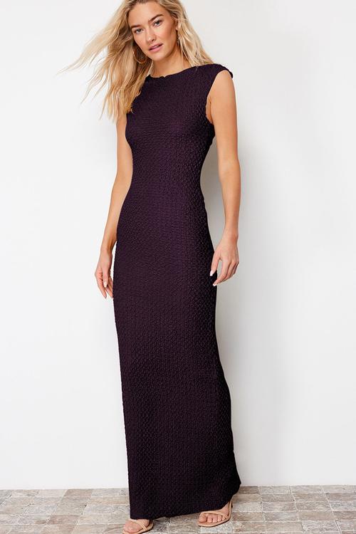 Textured fabric fitted moon sleeve midi pencil dress - plum
