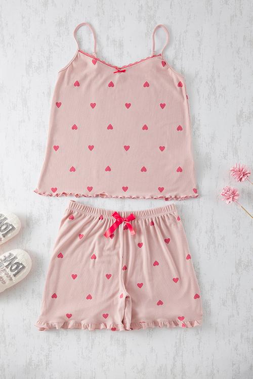 Powder Heart Patterned Camisole Knitted Pajama Set - Pink