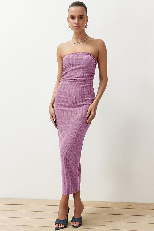 Strapless Pleated Bodycon Midi Stretchy Knitted Pencil Dress - Pink