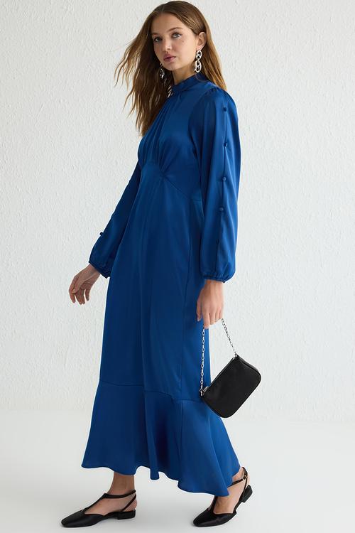 Satin Woven Evening Dress with Ruffle Skirt - Blue