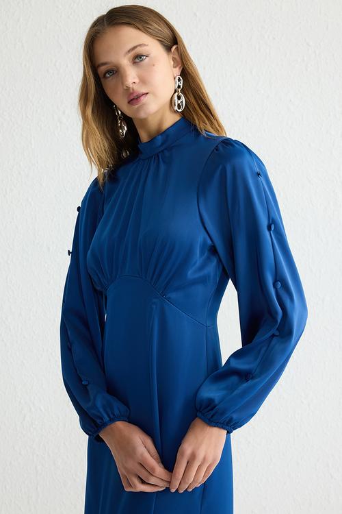 Satin Woven Evening Dress with Ruffle Skirt - Blue