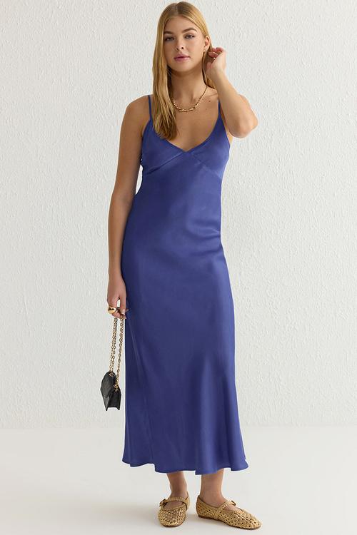 Plain pattern strappy maxi satin woven dress - blue
