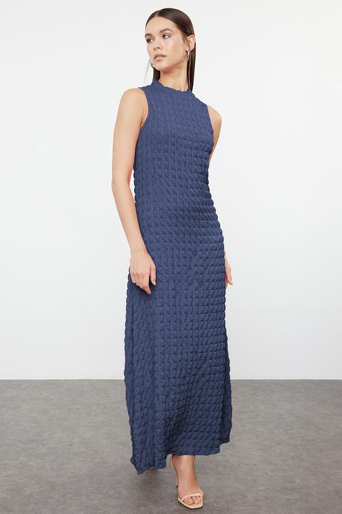Plain Textured A Cut/Bell Form Crew Neck Textured Maxi Dress - indigo