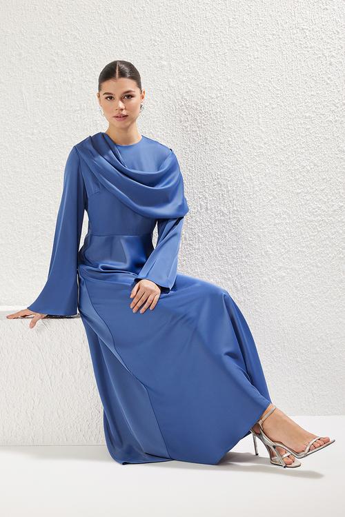 Shawl Detail Satin Evening Dress - Blue