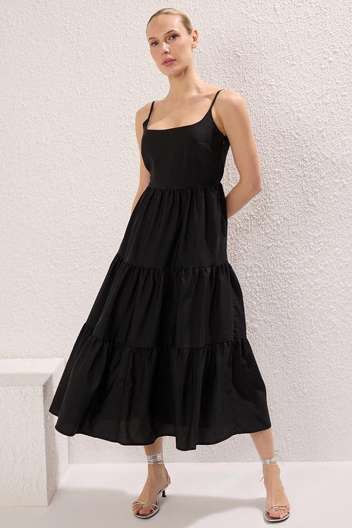 Cotton Blend Midi Woven Dress- Black