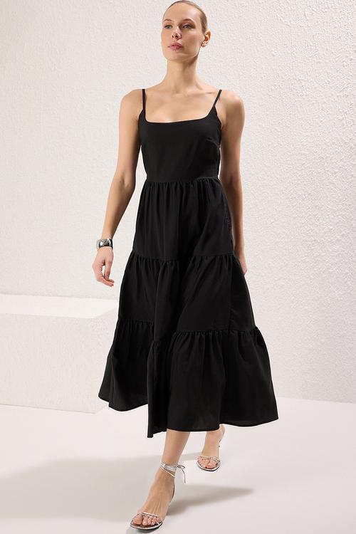 Cotton Blend Midi Woven Dress- Black