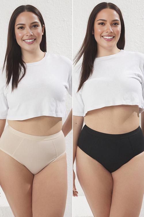 2 Pack high waist gathering plus size panties - black & neutral