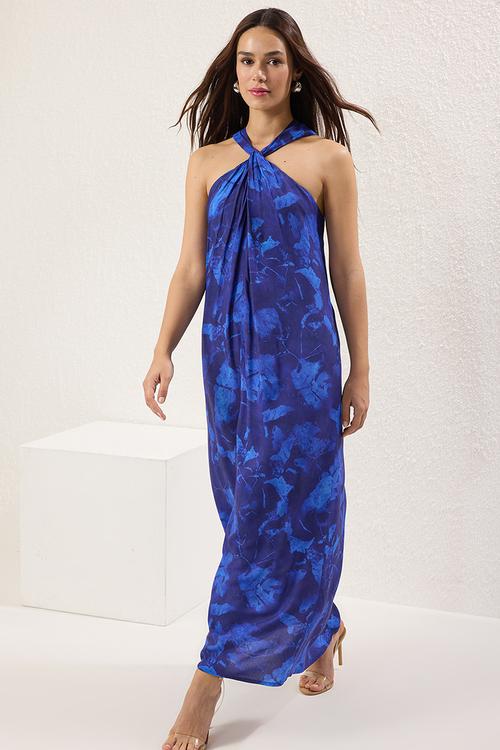 Floral Patterned Maxi Woven Dress - Navy blue