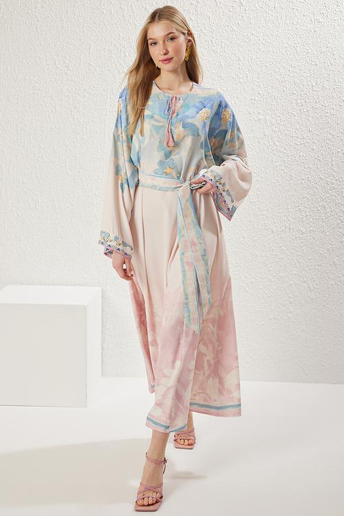 Spanish Sleeve Belted Patterned Woven Dress - Pink
