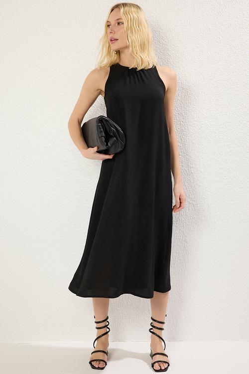 Gathered Detail Midi Aerobin Woven Dress - Black