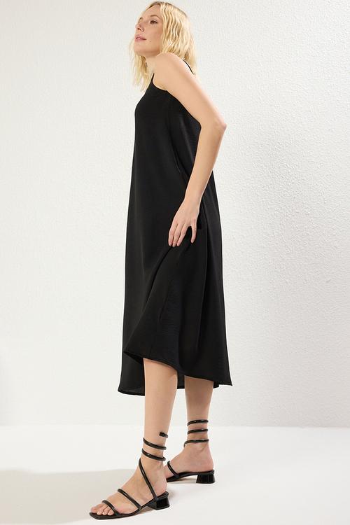 Gathered Detail Midi Aerobin Woven Dress - Black