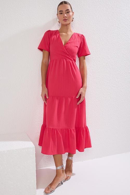 Plain Tiered Midi Woven Dress - Fuchsia
