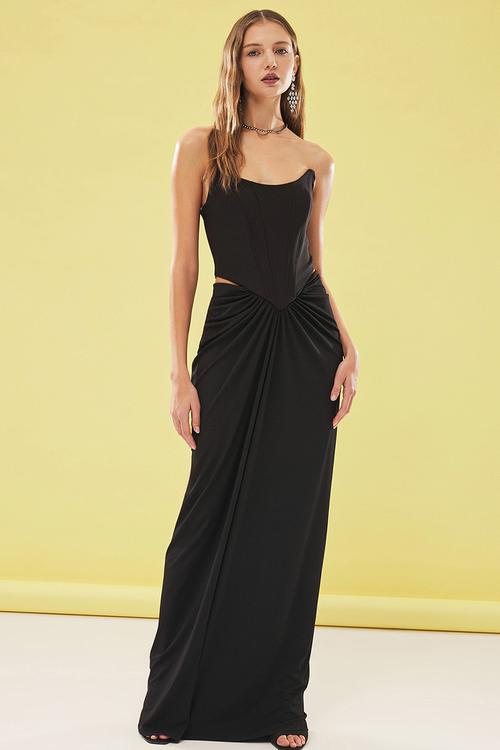 Waist Cut-Out Detail Corset Long Elegant Evening Dress - Black