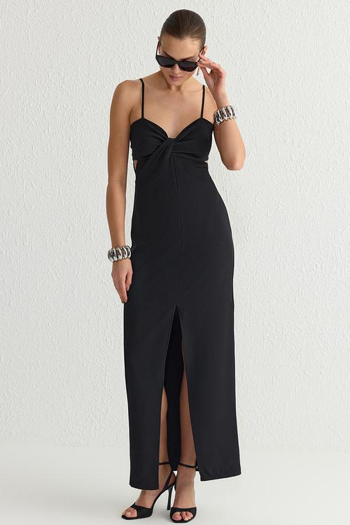 Cut Out Detailed Woven Long Evening Dress - Black