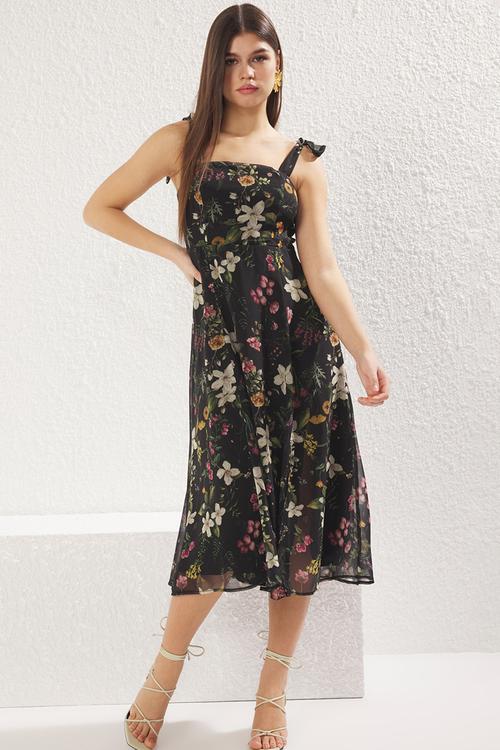 Floral Slit Back Chiffon Midi Woven Dress - Black