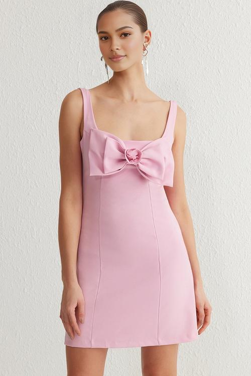 A-line bow detailed woven chic short evening prom dress - rosa