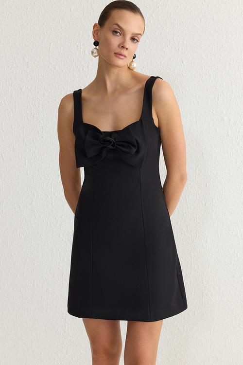 Bow detailed chic short evening dress - black