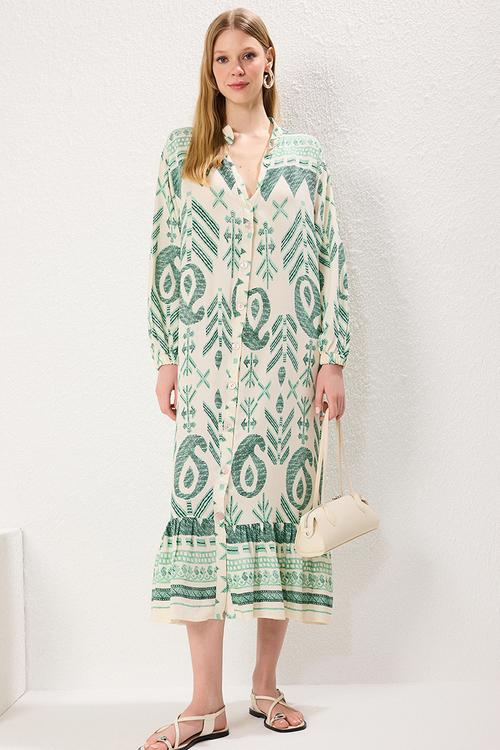Midi Border Pattern Detailed Woven Dress - Khaki