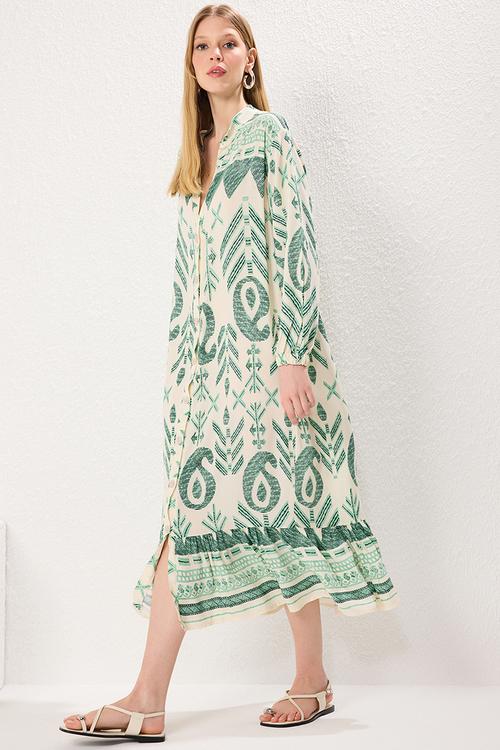 Midi Border Pattern Detailed Woven Dress - Khaki