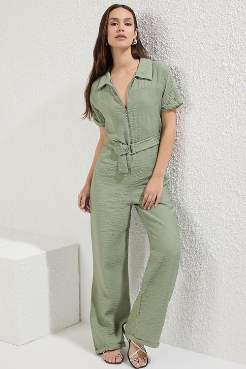 Belted Wide Leg Zipper Detail Overalls - Khaki 