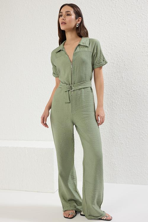 Belted Wide Leg Zipper Detail Overalls - Khaki 