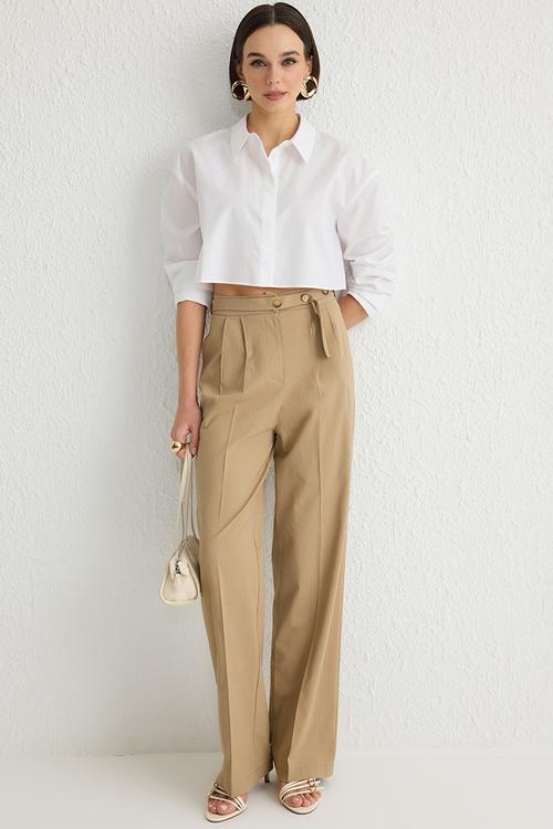 Straight Cut Belt Detail Woven Trousers - Beige