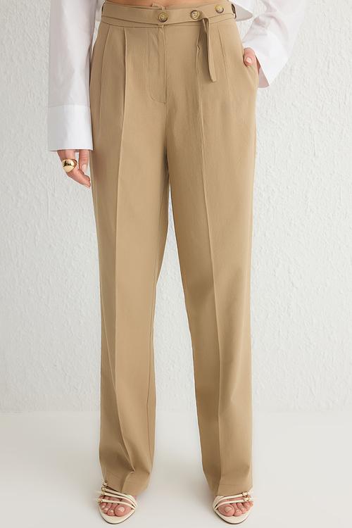 Straight Cut Belt Detail Woven Trousers - Beige