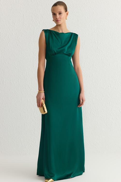 Lined Satin Woven Long Elegant Dress - Emerald