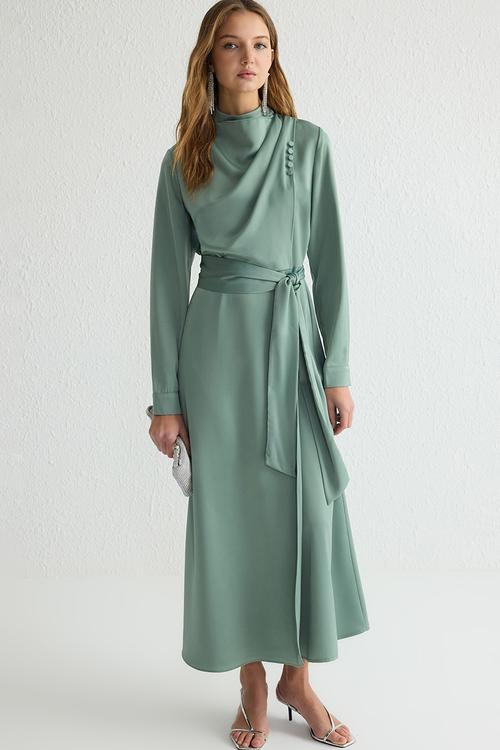 Stand Collar Belted Satin Woven Evening Dress - mint