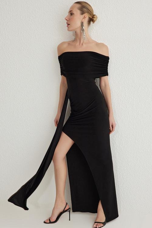 Bodycon Carmen Collar Knitted Long Elegant Evening Night Dress - Black