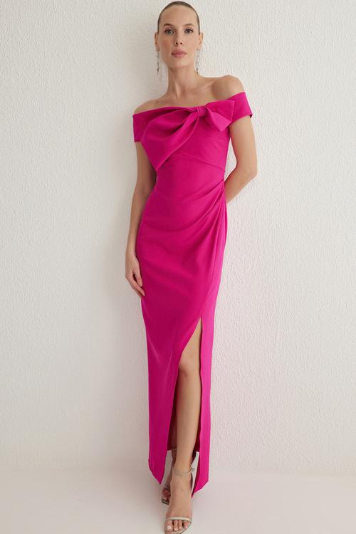 Bowknot Off-the-shoulder Dress - Fuchsia